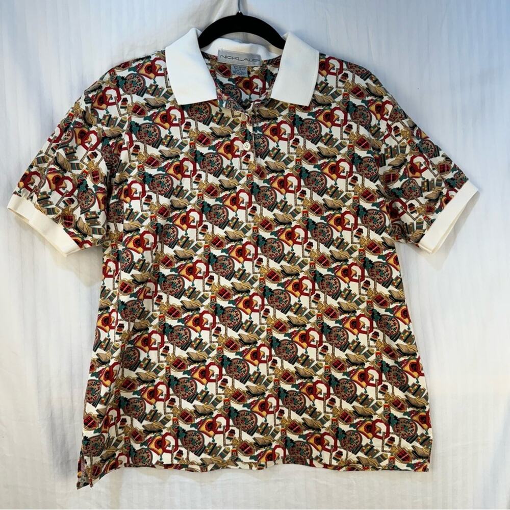 Nicklaus Vintage Book Print Academia Polo Women’s Size Large Crest Chainlink